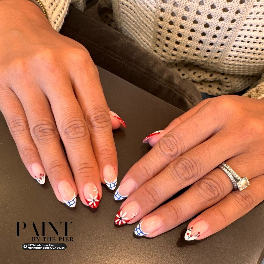 Red, white, and navy blue summer floral french tips